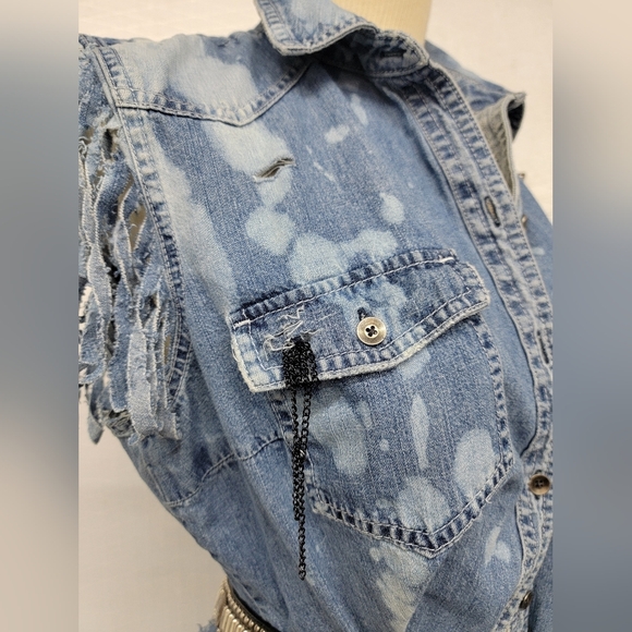 Motley Crue Fringed Denim Jean Shirt Vest  Upcycled Rock Couture - Picture 10 of 12